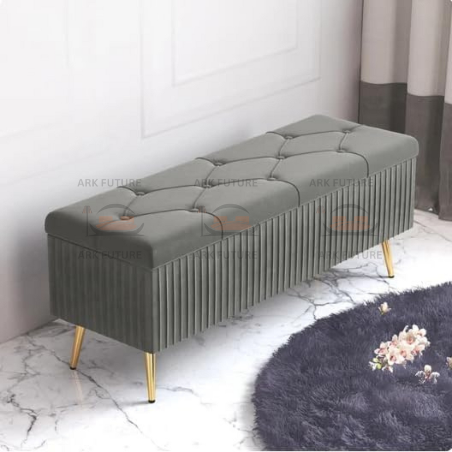 Puffy Modern Ottoman Storage Velvet Bench with Gold Metal Legs - Upholstered