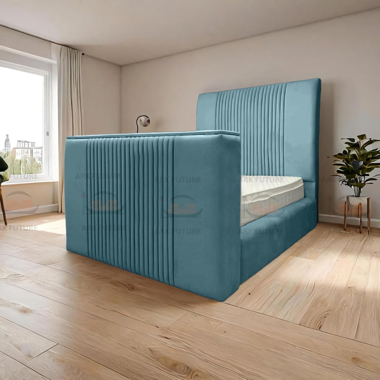 Genna Plush TV Bed Frame – Modern Upholstered Bed with TV Lift & Storage