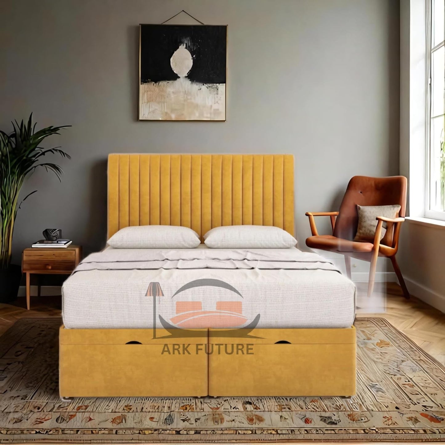 Sleek Ottoman Plush Fabric Bed Frame with Storage