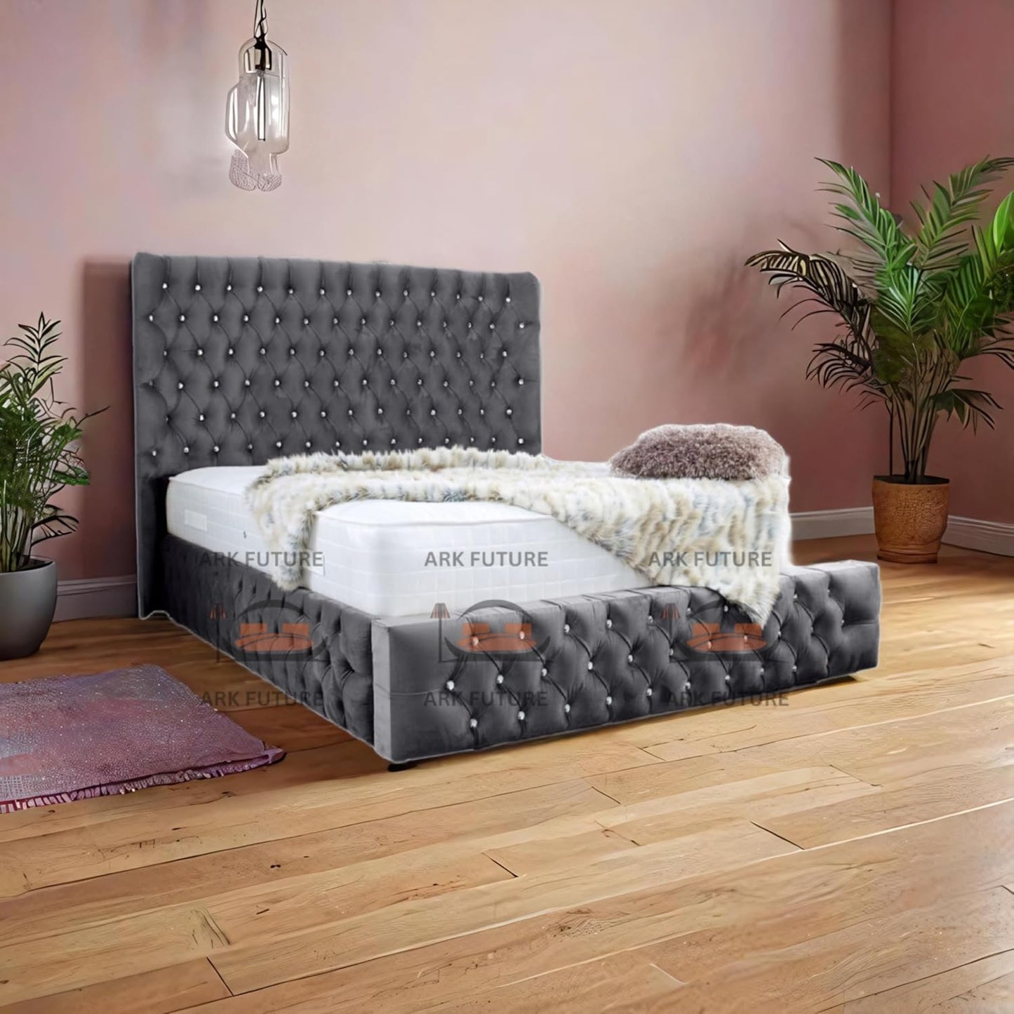 Eleganza Plush 4-Inch Bed Frame with Curved Headboard