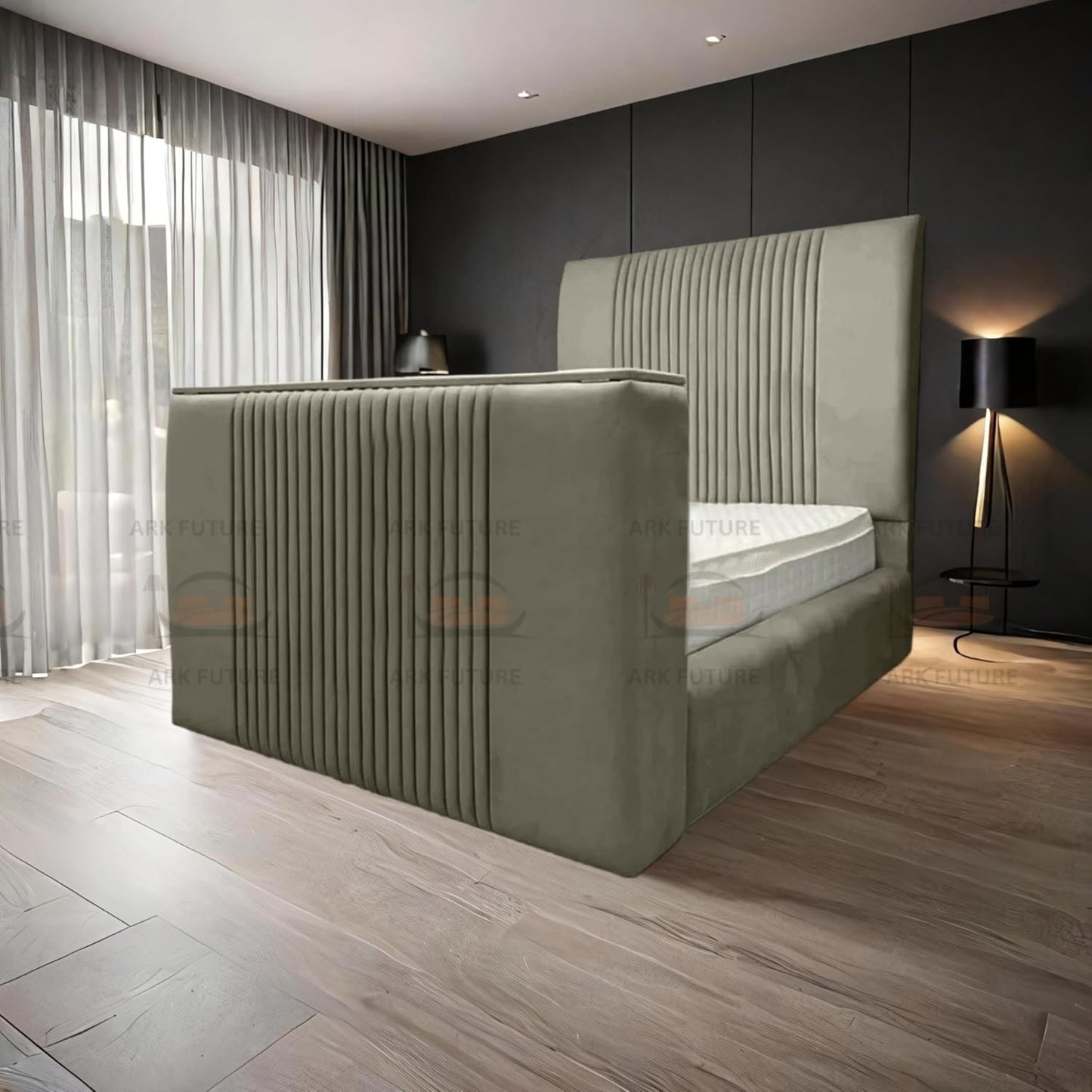 Genna Plush TV Bed Frame – Modern Upholstered Bed with TV Lift & Storage