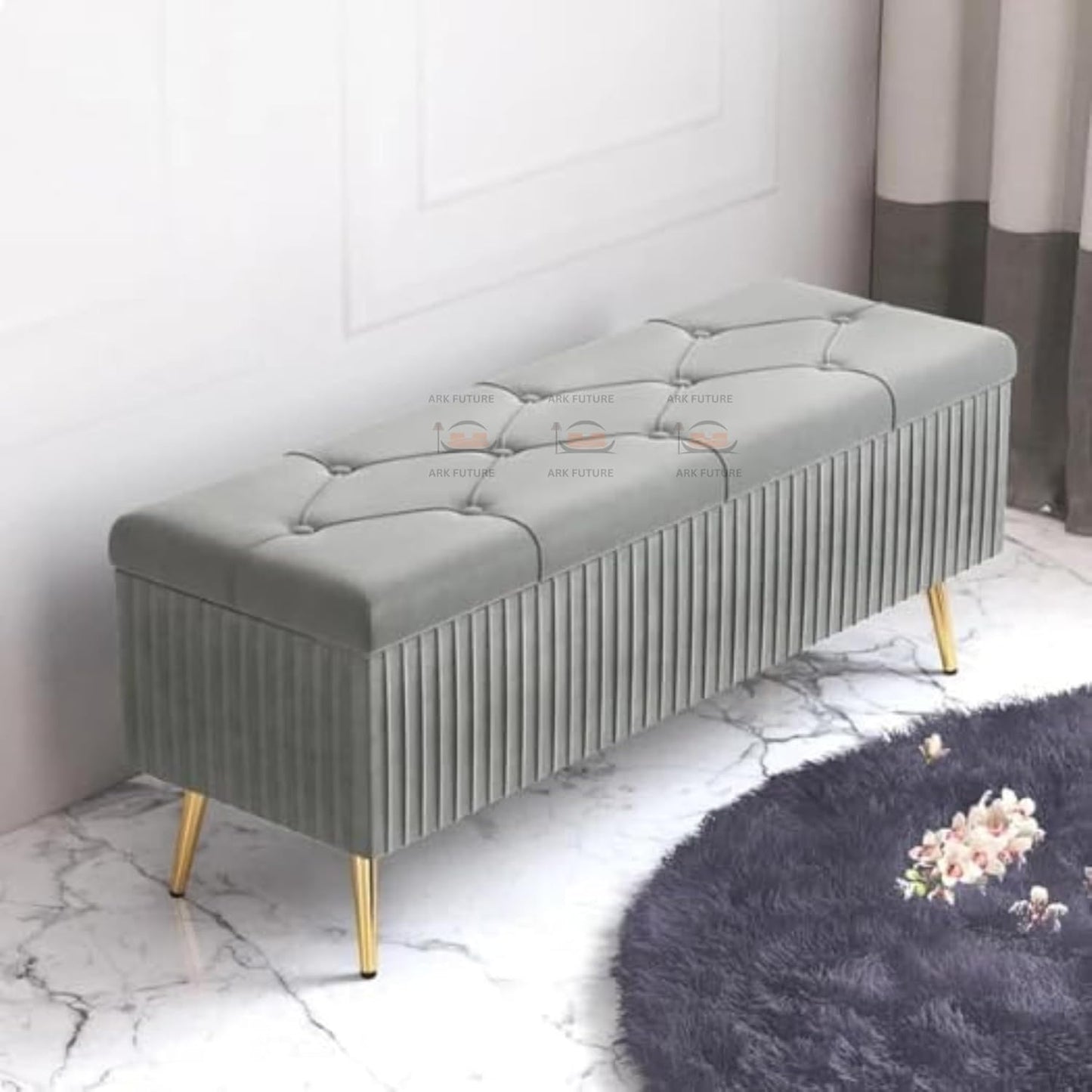 Puffy Modern Ottoman Storage Velvet Bench with Gold Metal Legs - Upholstered
