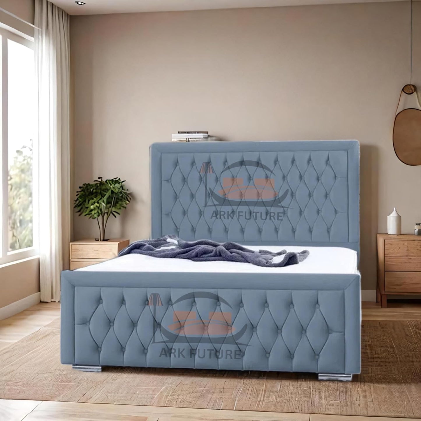 Celeste Upholstered Ottoman Bed – Velvet/Fabric Finish, Storage, Easy Lift, Stylish Headboard