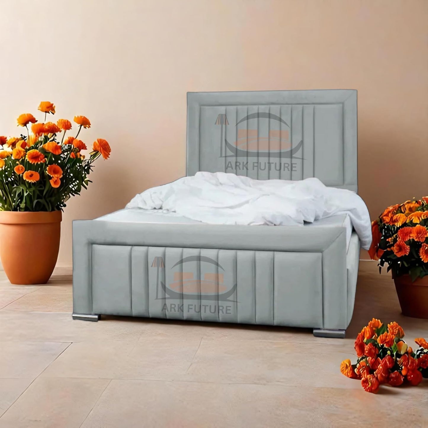 Dean Sand Upholstered Bed Frame – Modern Design, Sturdy Wood, Padded Headboard