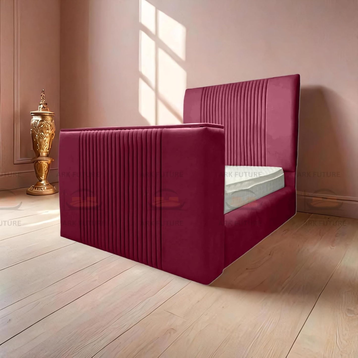 Genna Plush TV Bed Frame – Modern Upholstered Bed with TV Lift & Storage