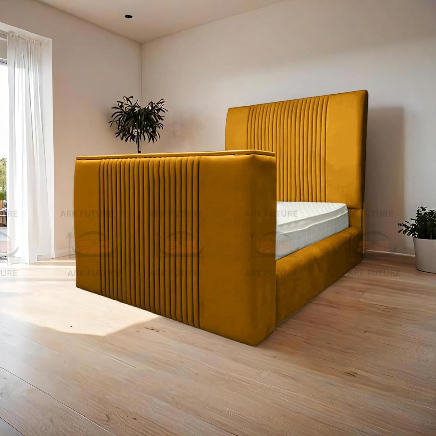Genna Plush TV Bed Frame – Modern Upholstered Bed with TV Lift & Storage