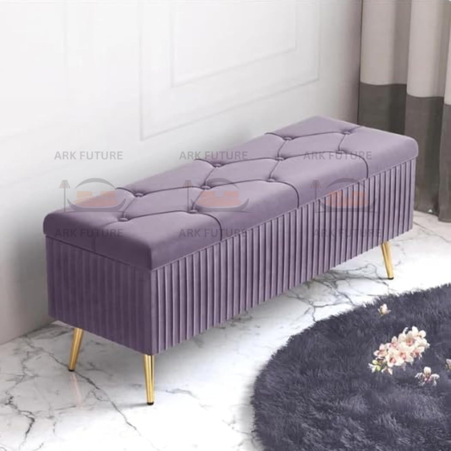 Puffy Modern Ottoman Storage Velvet Bench with Gold Metal Legs - Upholstered