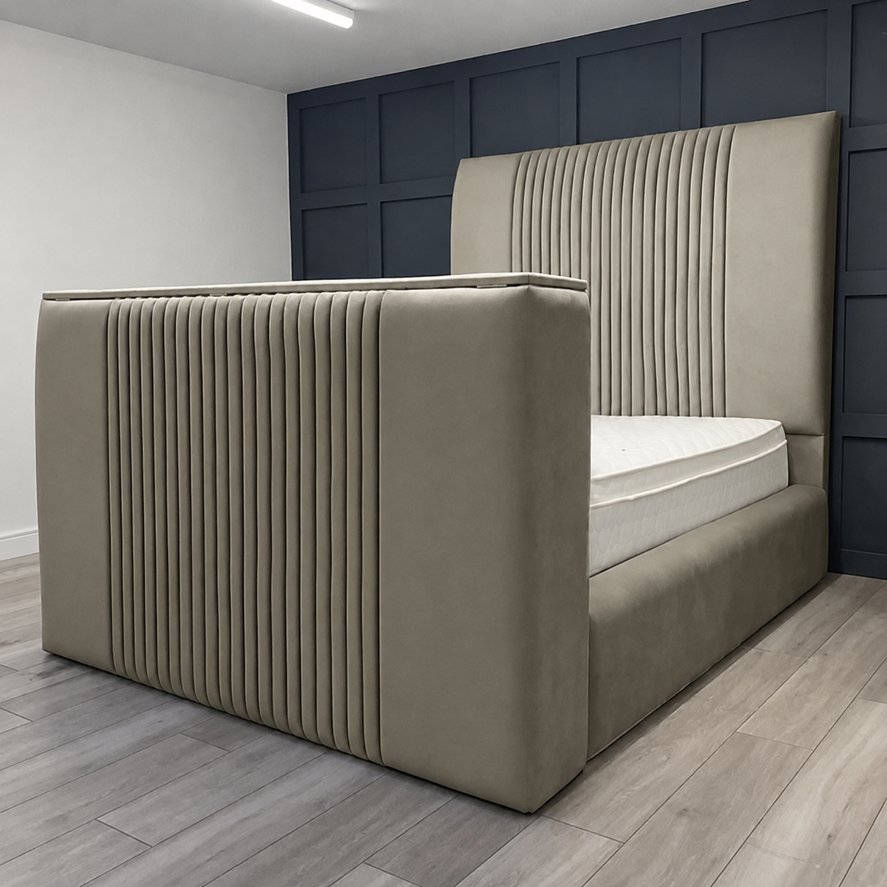 Sandal Upholstered TV Bed Frame in Grey Plush