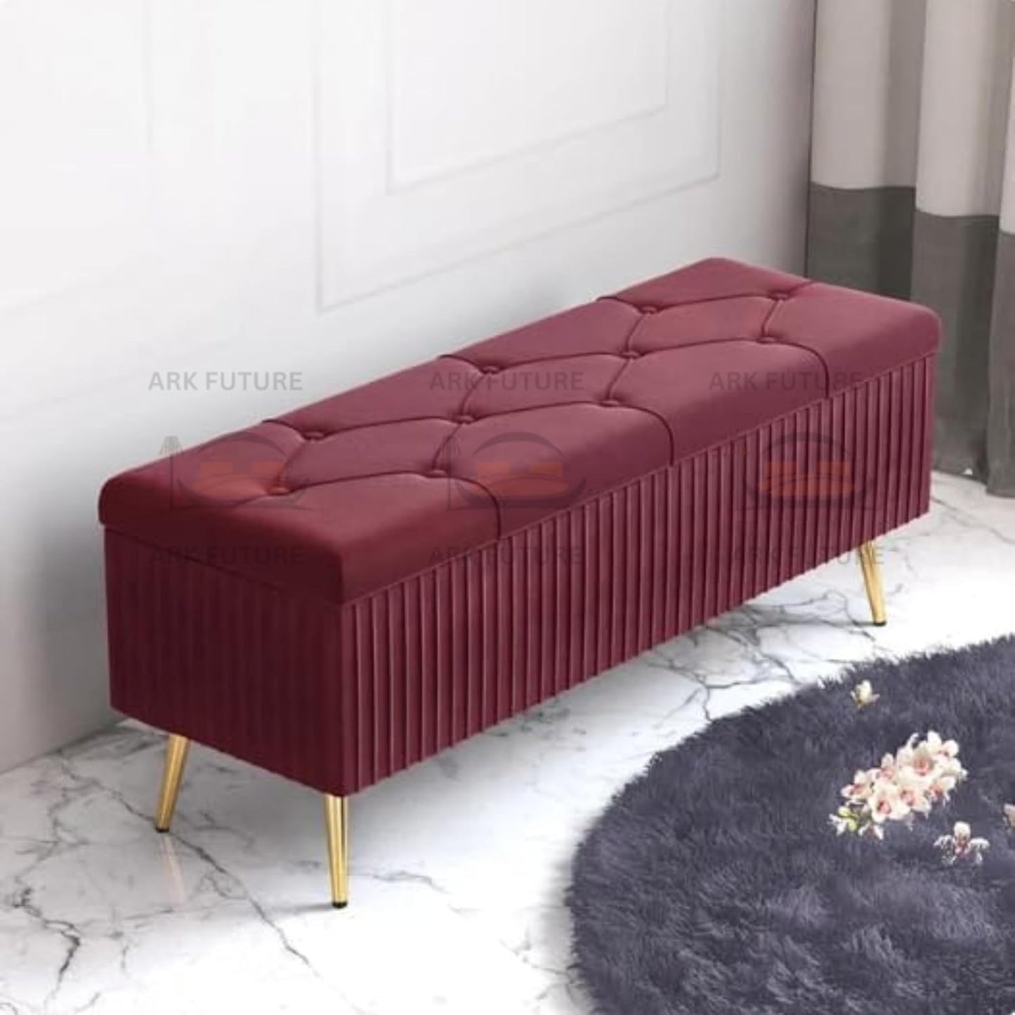 Puffy Modern Ottoman Storage Velvet Bench with Gold Metal Legs - Upholstered