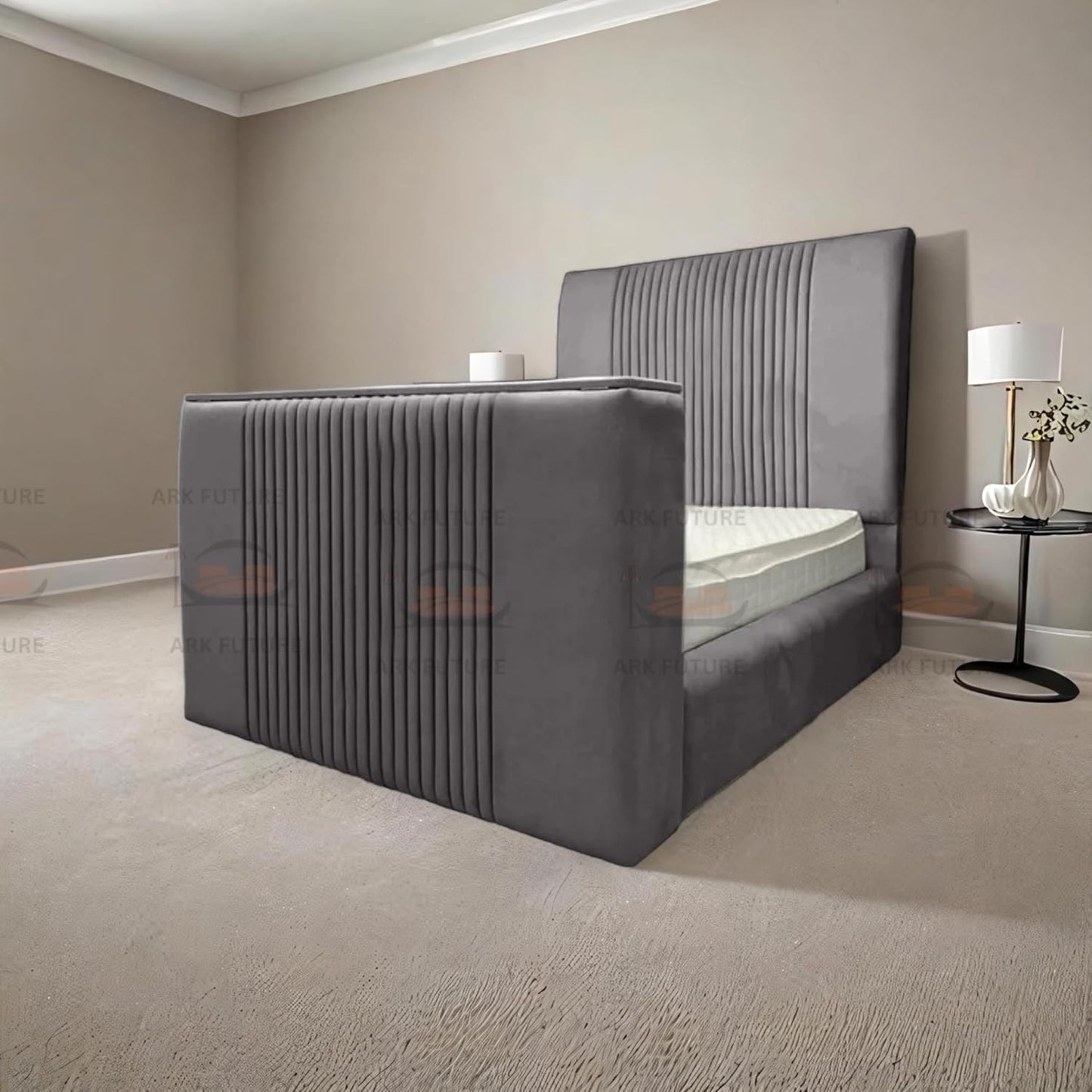 Genna Plush TV Bed Frame – Modern Upholstered Bed with TV Lift & Storage