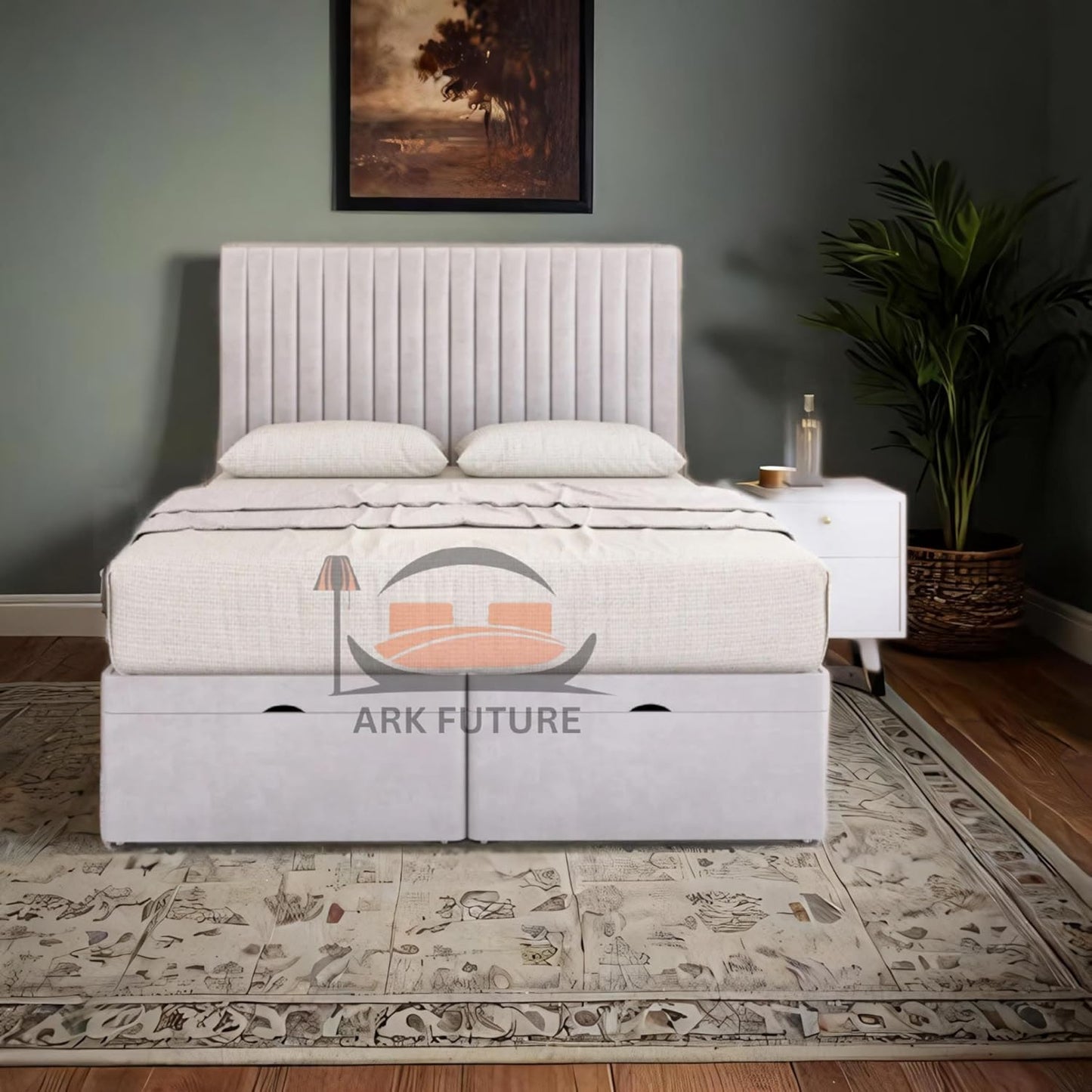 Sleek Ottoman Plush Fabric Bed Frame with Storage