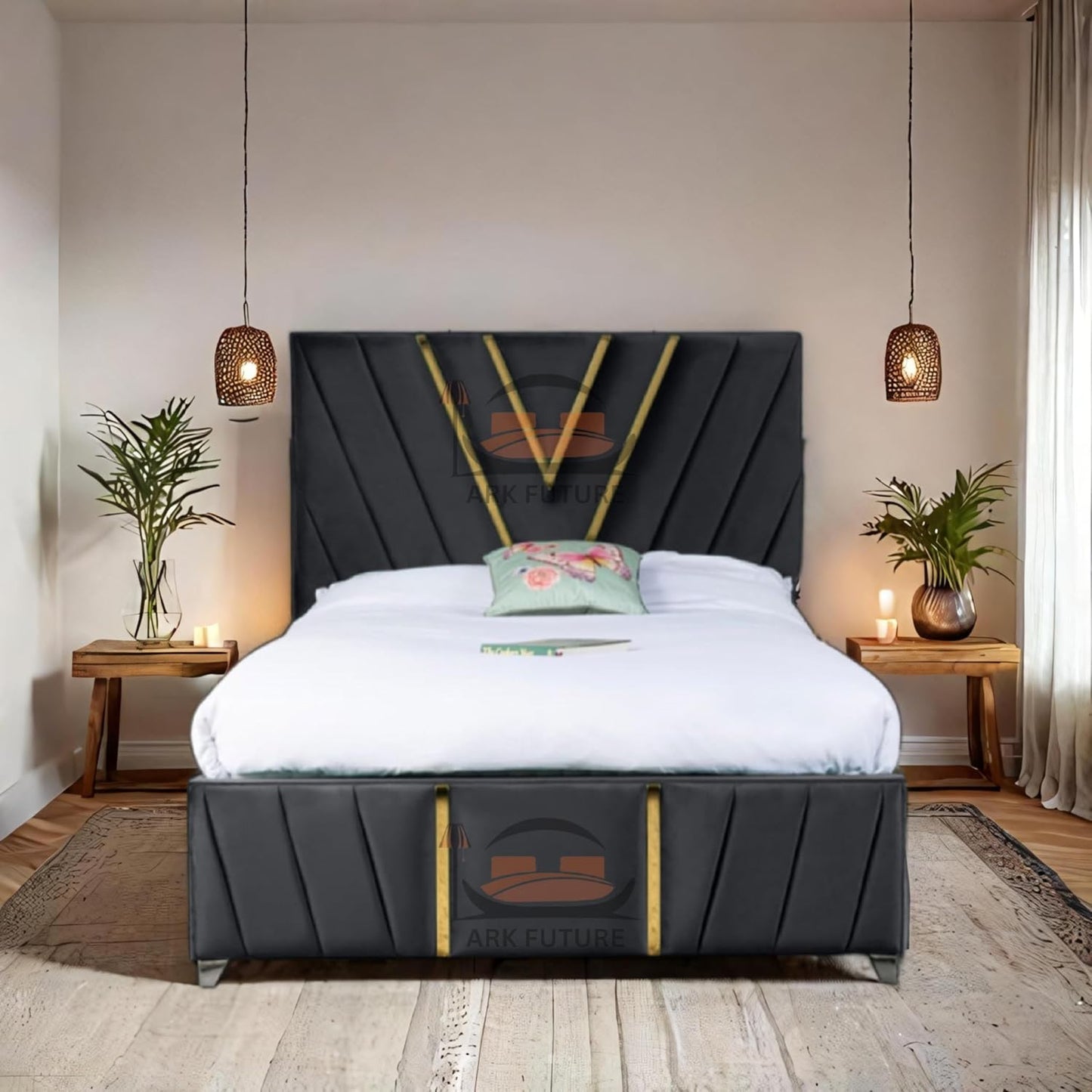 Midnight Mirage Plush Velvet Bed Frame with Tufted Headboard