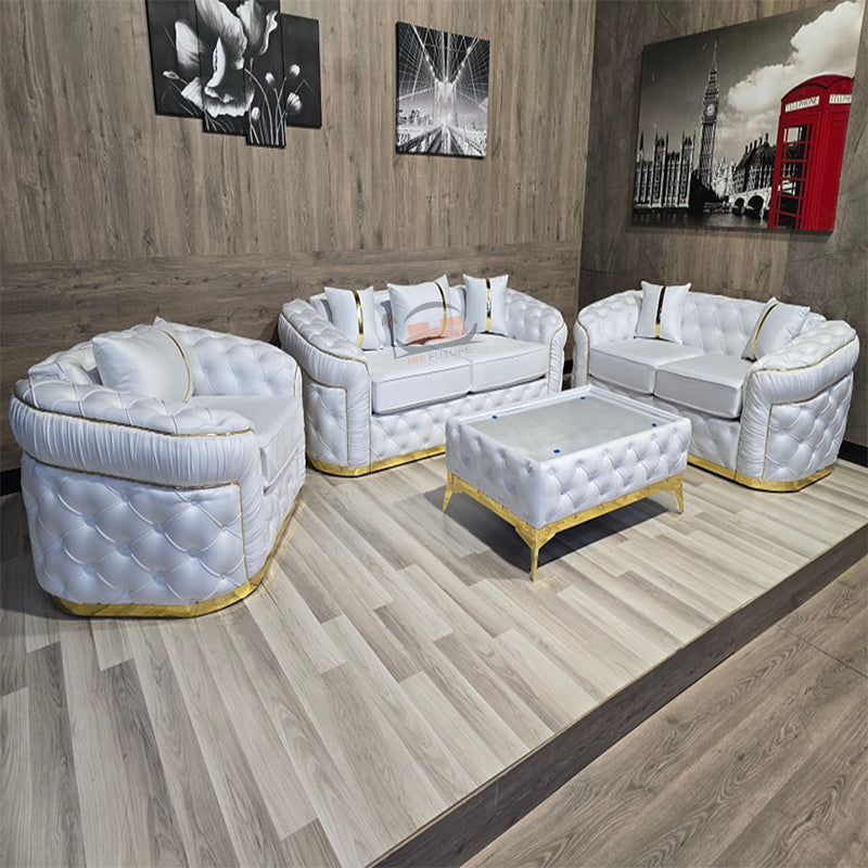 Stratford Chesterfield Design Full Set Sofa in White Plush Fabric
