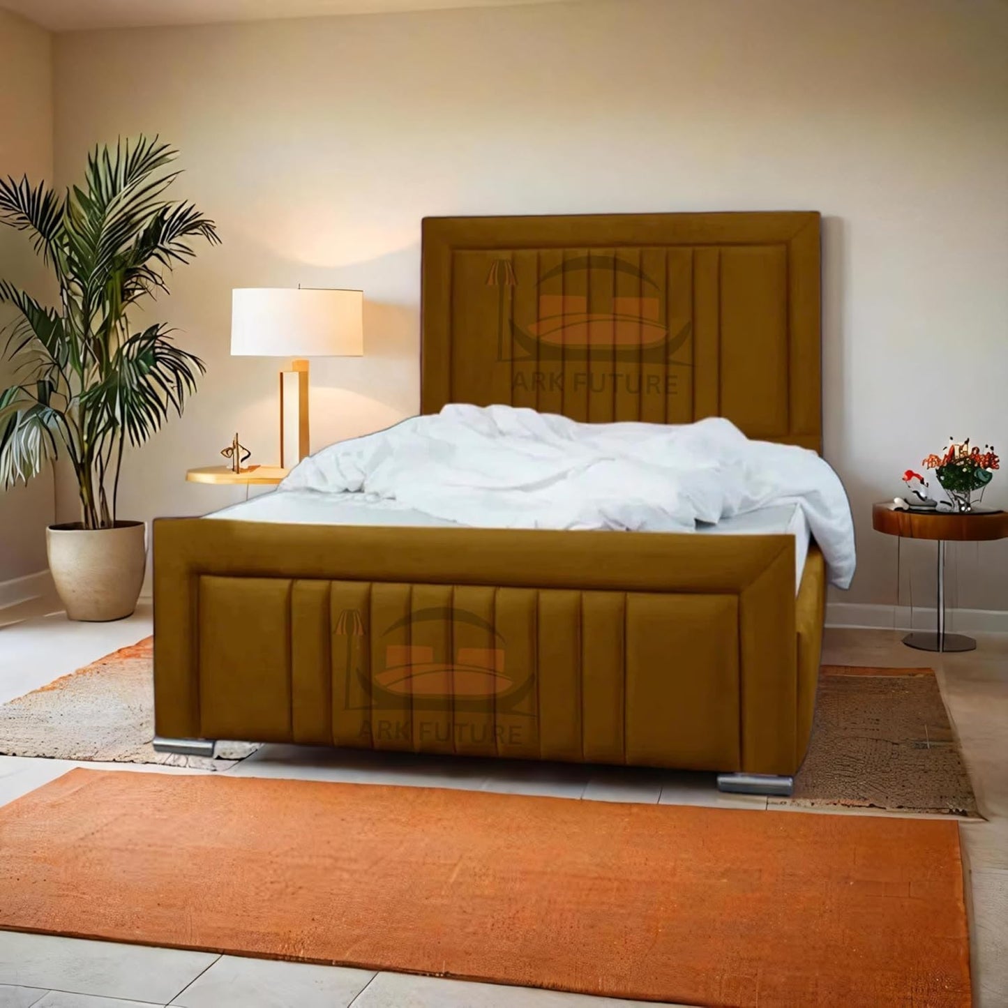 Dean Sand Upholstered Bed Frame – Modern Design, Sturdy Wood, Padded Headboard