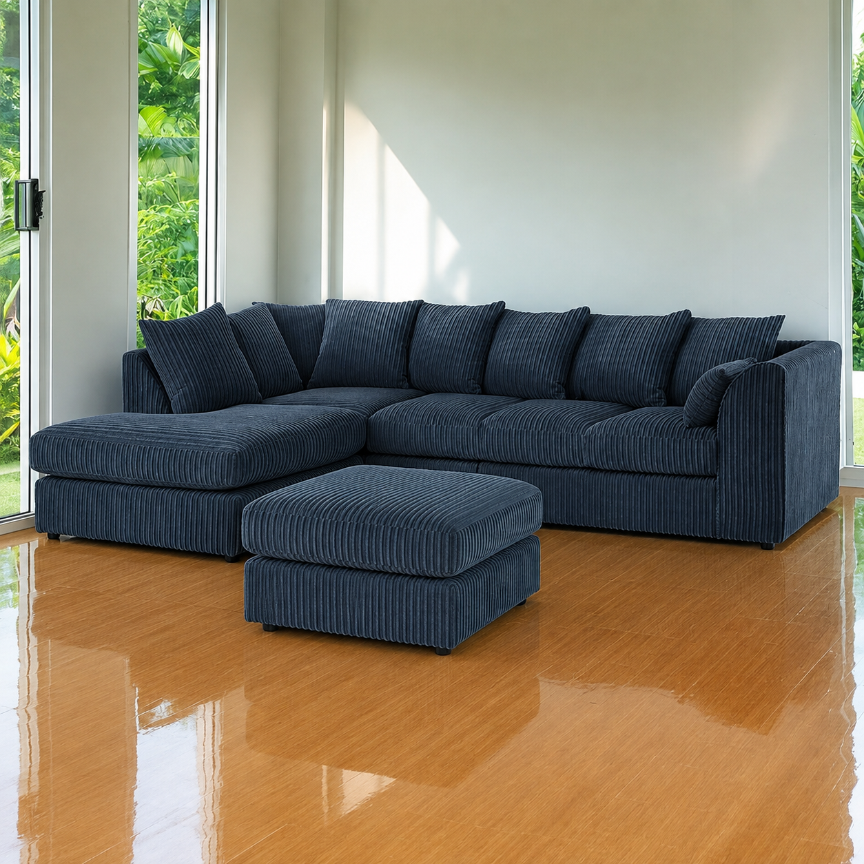 Alice Corner 5 Seater Modern Jumbo Cord Left/Right Hand L Shape Sofa Suite Foot Stool