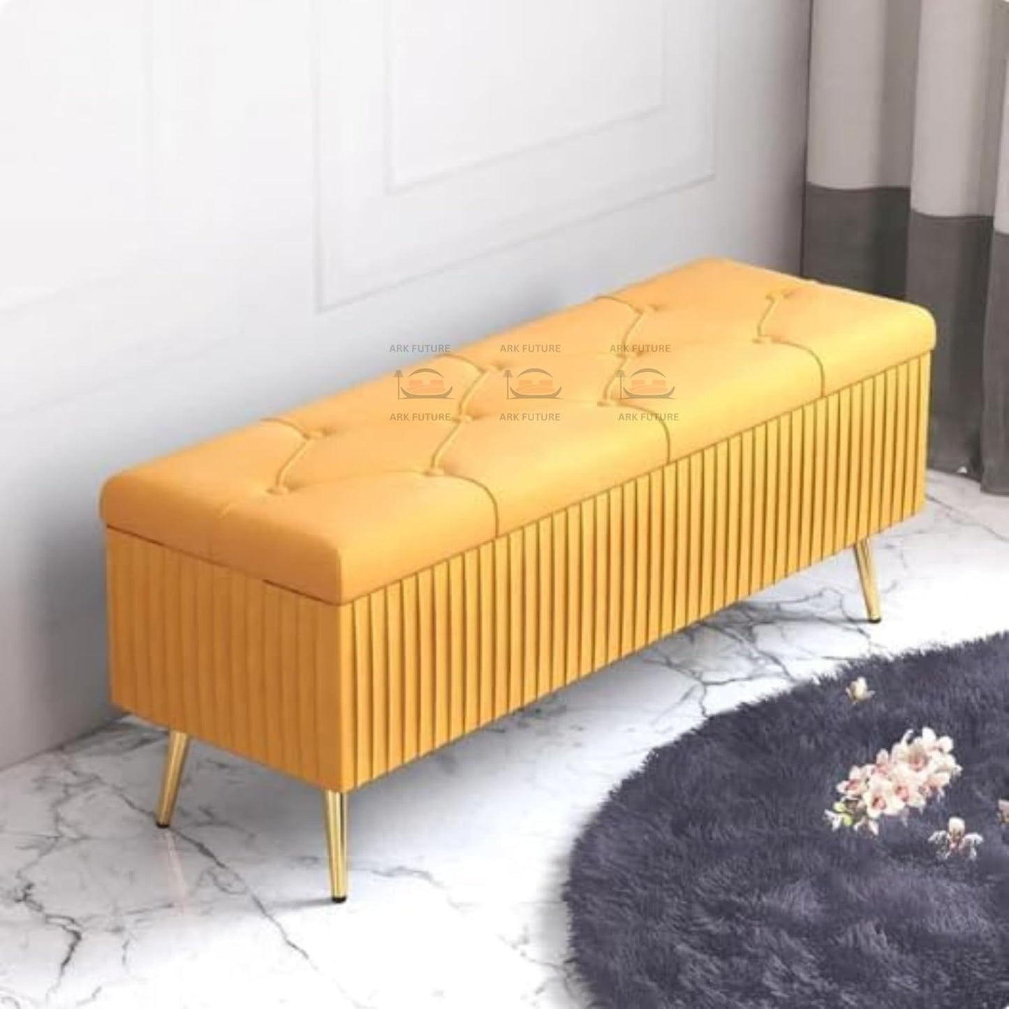 Puffy Modern Ottoman Storage Velvet Bench with Gold Metal Legs - Upholstered