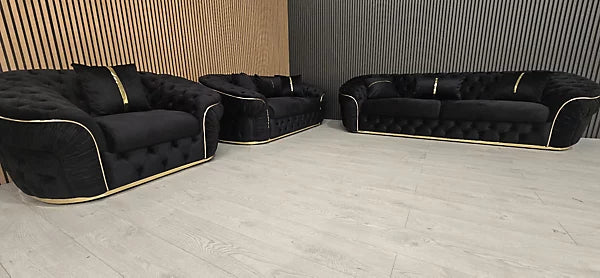 Annita Ambassador Sofa Set 3+2+1 in black velvet and gold accent detailing
