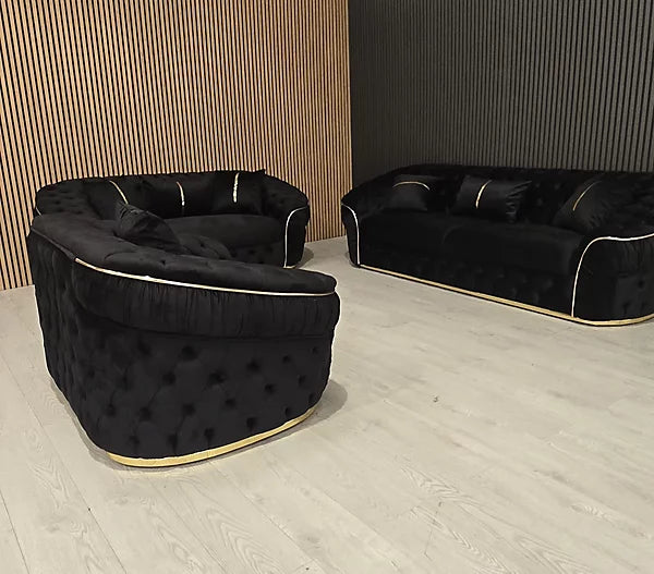 Annita Ambassador Sofa Set 3+2+1 in black velvet and gold accent detailing