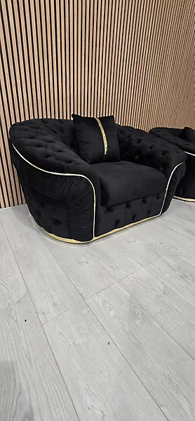 Annita Ambassador Sofa Set 3+2+1 in black velvet and gold accent detailing