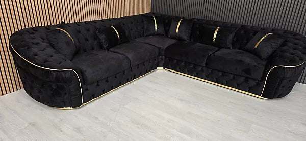 Raptor Ambassador Corner Sofa Black Velvet & Gold Detail