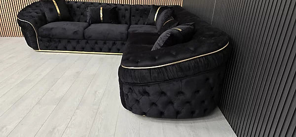Raptor Ambassador Corner Sofa Black Velvet & Gold Detail