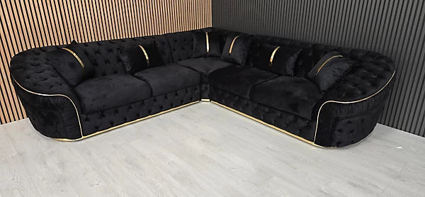 Raptor Ambassador Corner Sofa Black Velvet & Gold Detail