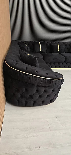 Raptor Ambassador Corner Sofa Black Velvet & Gold Detail