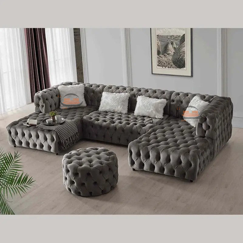 Rocky Chesterfield Ambassador U Sofa in Plush Velvet Fabric