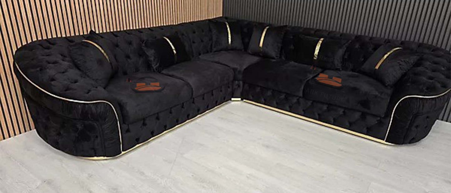 Raptor Ambassador Corner Sofa Black Velvet & Gold Detail