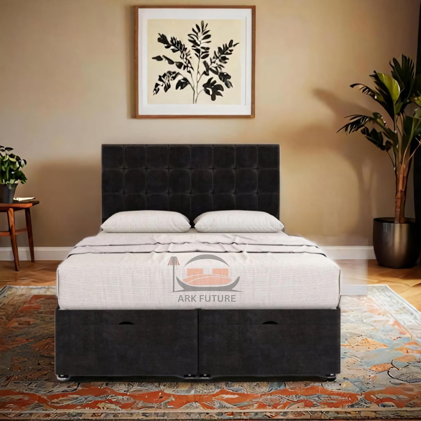 Sloomy Plush Fabric Ottoman Bed Frame with 26" Headboard and Storage