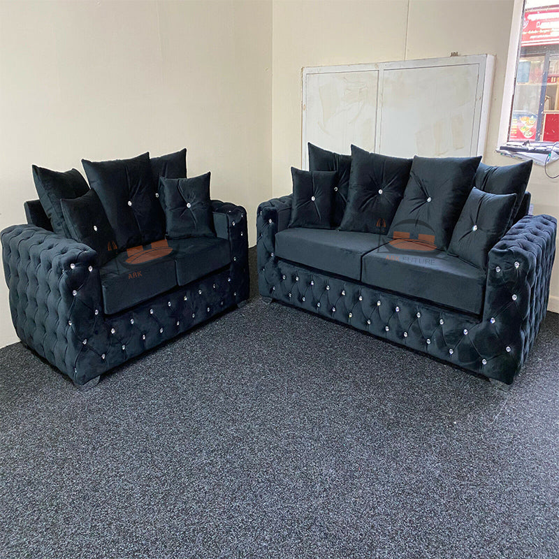 Black Chesterfield Sofa in Plush Velvet Three Plus Two Seater