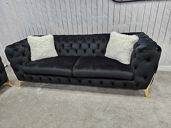 Oldhom Chesterfield 2 seater Sofa in Black Velvet & Gold Legs