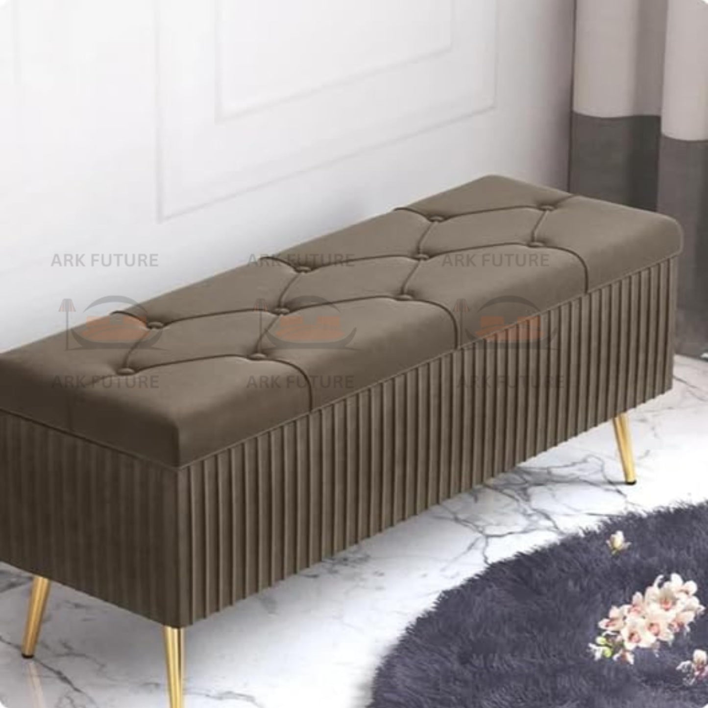 Puffy Modern Ottoman Storage Velvet Bench with Gold Metal Legs - Upholstered