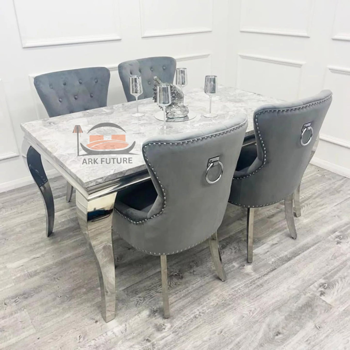 Megan Ring Velvet Dining Chairs, Set of 4 - Lion Knocker Design, Chrome Legs