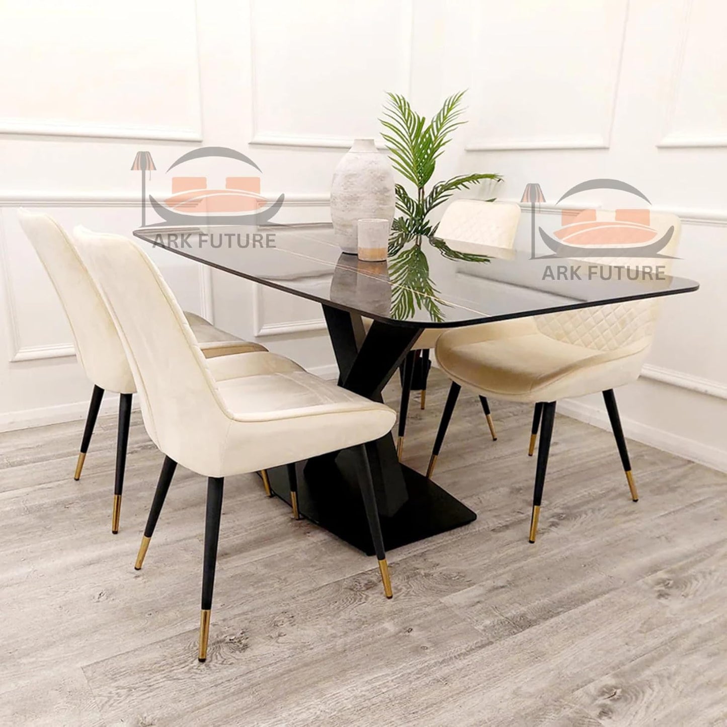 Apollo 1.6M Dining Table, Black Stone Top, X-Leg Base