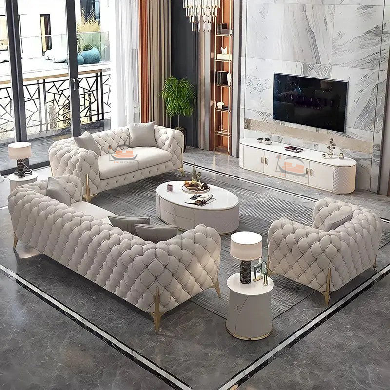 Jocky Chesterfield Sofa Set in Plush Velvet Fabric