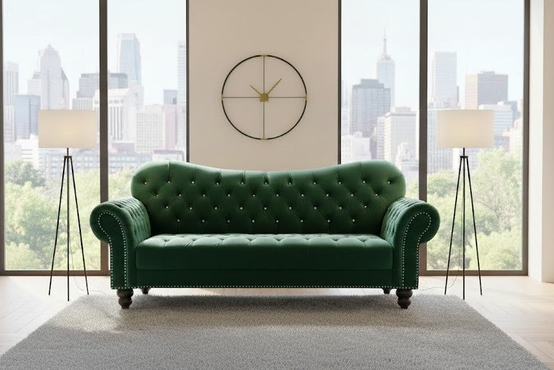 Venture Italian Chesterfield Green Velvet Sofa In Plush Velvet Fabric
