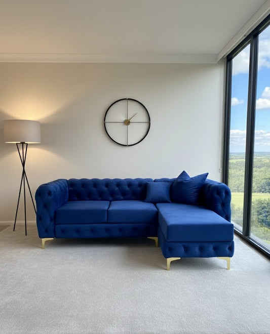 Davenport Luxury L-Shaped Sofa In Blue Plush Velvet Fabric