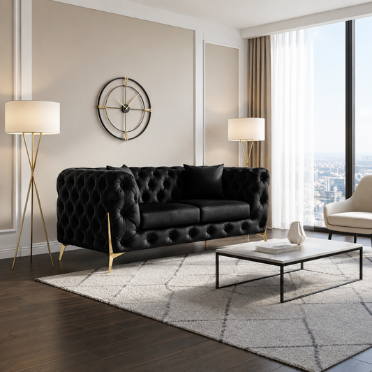 Oldhom Chesterfield 2 seater Sofa in Black Velvet & Gold Legs