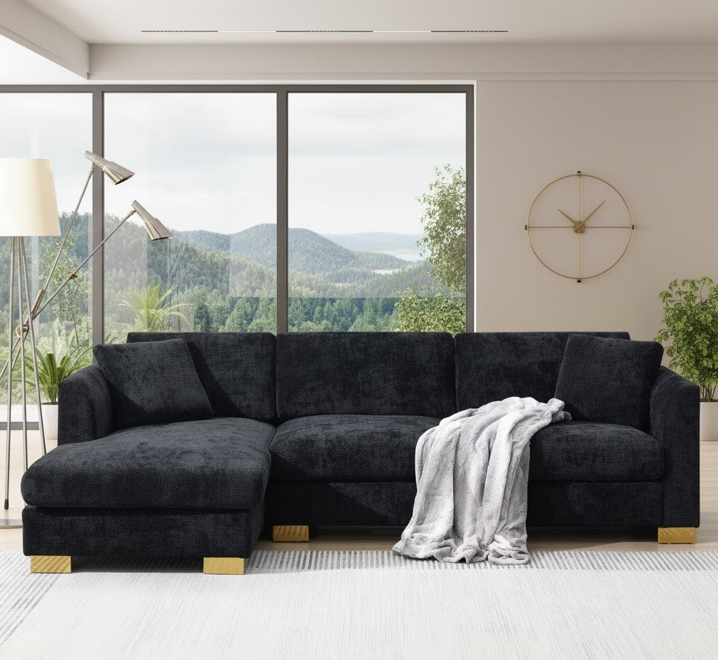 Aura Luxury Black Corner Sofa In Plush Velvet Fabric