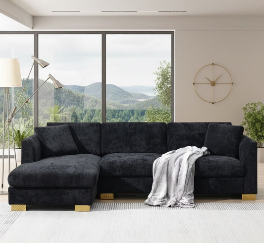Aura Luxury Black Corner Sofa In Plush Velvet Fabric