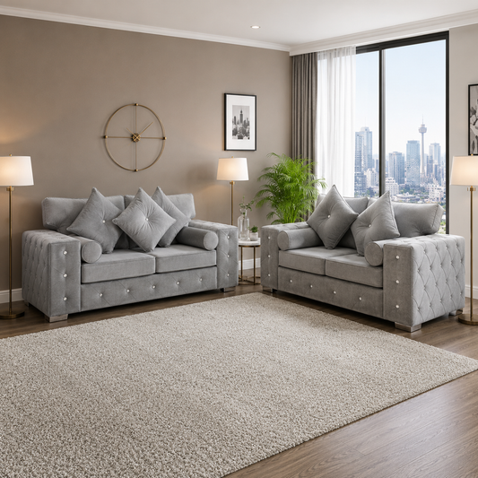 Silver Chesterfield Sofa Three Plus Two Seater