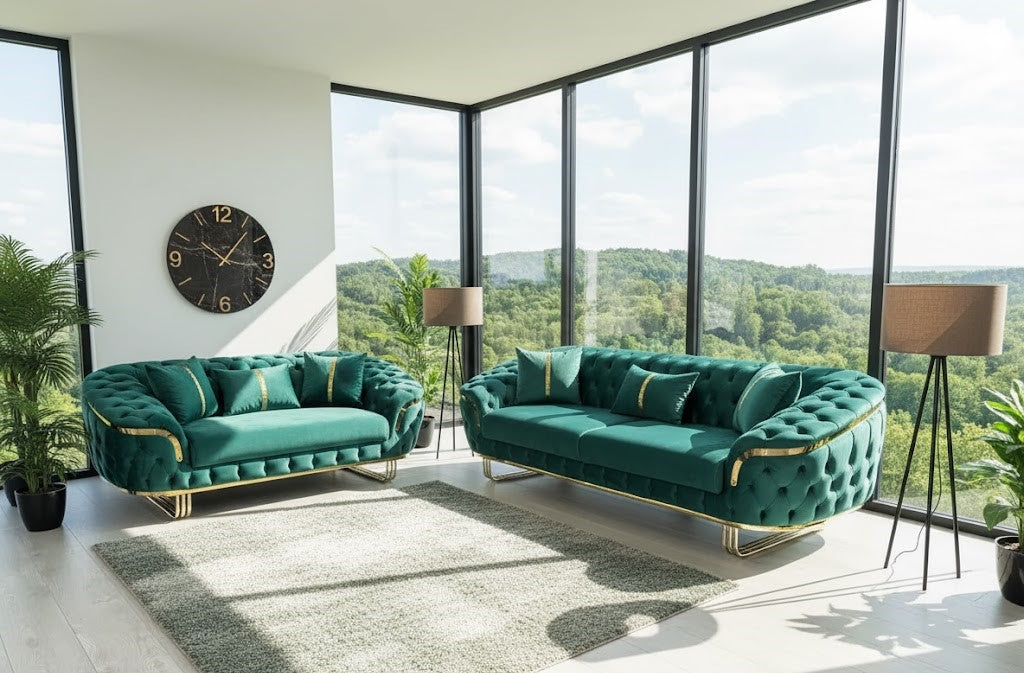 Emerald Majesty Modern 3+2 Seater Sofa In Teal Plush Velvet Fabric