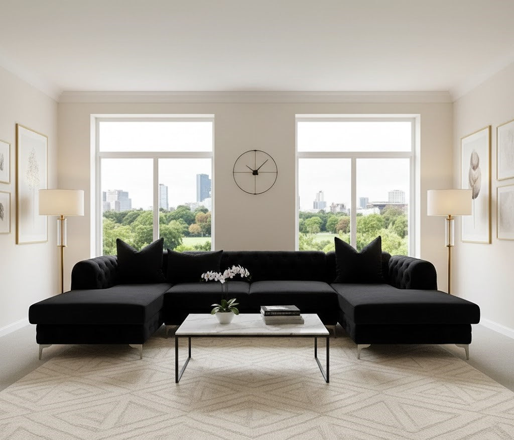 Black Velvet U Shaped 6 Seater Corner Sofa Chesterfield Velvet Chaise