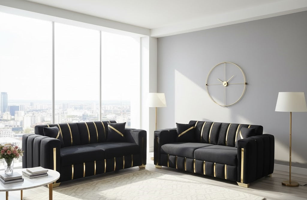 Turkish Sofa Bed Corner or 3+2 Seater Sofa Set Modern Black Velvet with Gold Trim