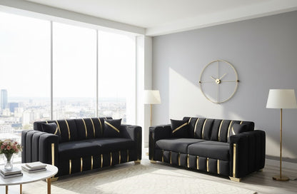 Turkish Sofa Bed Corner or 3+2 Seater Sofa Set Modern Black Velvet with Gold Trim