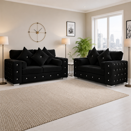 Black Chesterfield Sofa in Plush Velvet Three Plus Two Seater