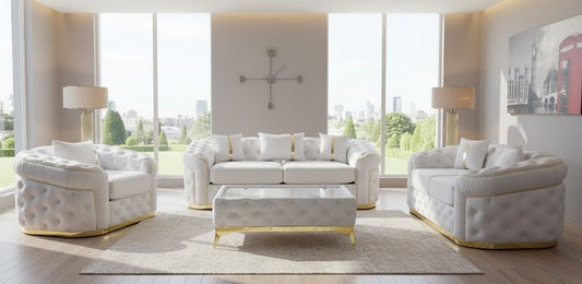 Stratford Chesterfield Design Full Set Sofa in White Plush Fabric