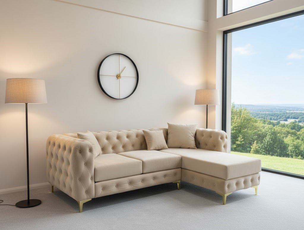Regent Lounge L-Shaped Sofa In Beige Plush Velvet Fabric