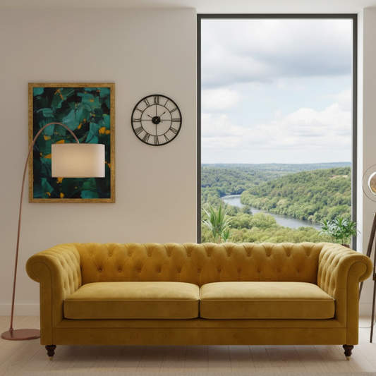 Cresin Yellow Plush Velvet Fabric 3-Seater Chesterfield Style Sofa